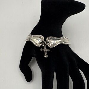 Vintage Silver Spoon Bracelet with Cross Charm - Silver